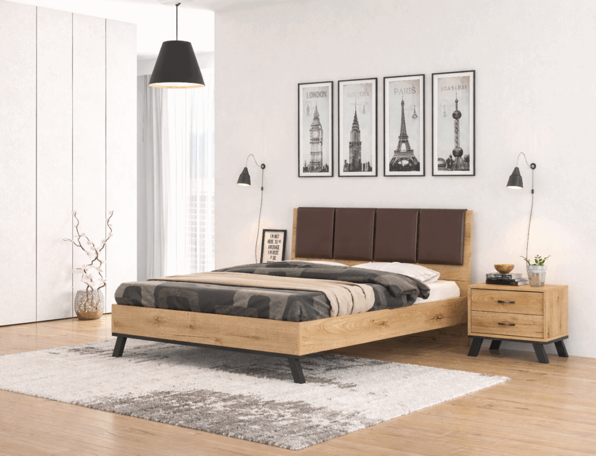 ΚΡΕΒΑΤΙ ΞΥΛΙΝΟ ΜΕ ΚΕΦΑΛΑΡΙ ΕΠΕΝΔΥΜΕΝΟ ΑΠΟ ΔΕΡΜΑΤΙΝΗ "Νο1069" - Image 1