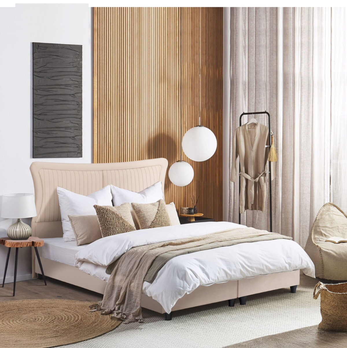 ΚΡEΒΑΤΙ ΔΙΠΛΟ NESTOR LH10.715 ΜΠΕΖ ΒΕΛΟΥΔΟ ΓΙΑ ΣΤΡΩΜΑ 160x200εκ. - Image 1