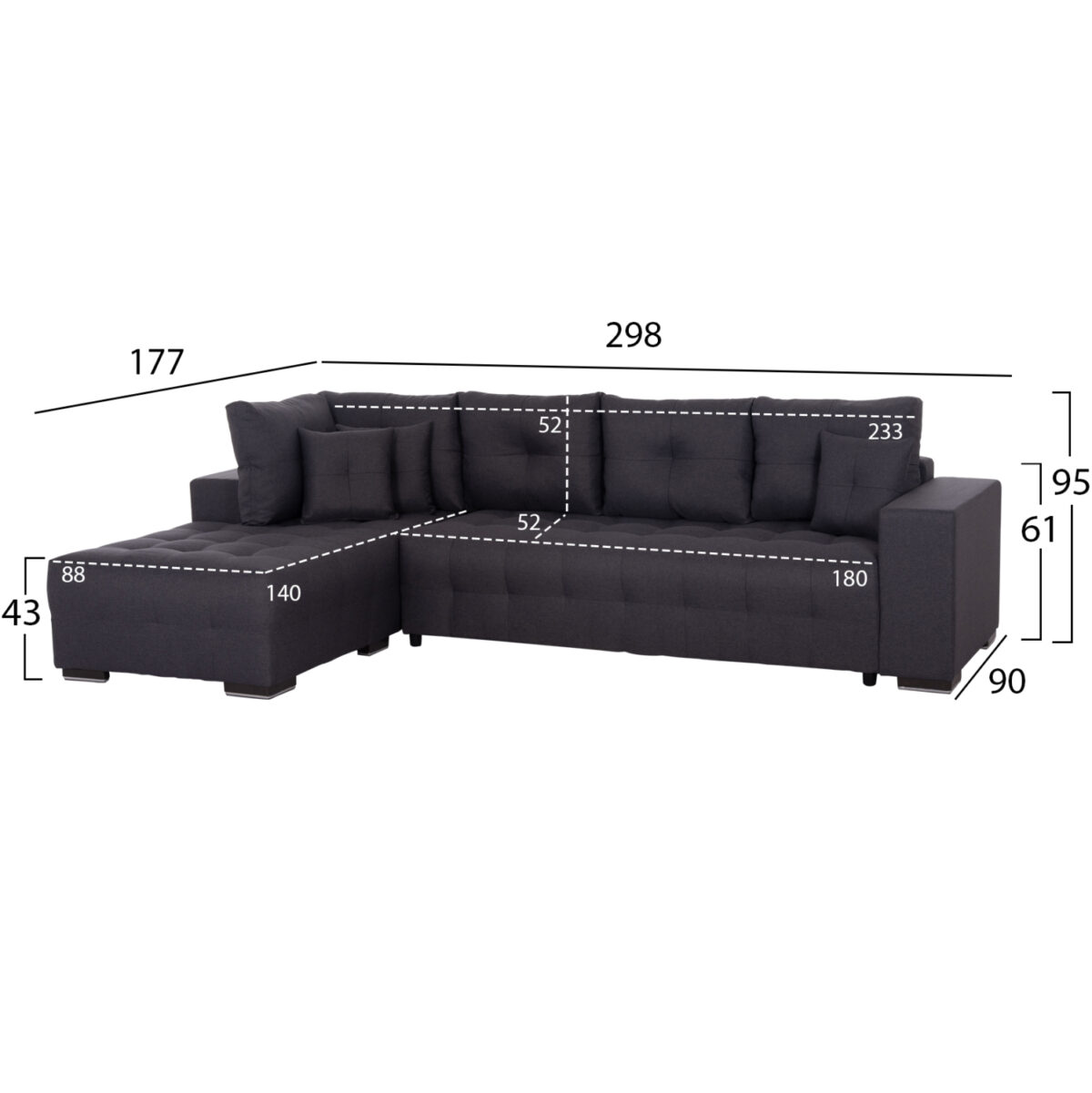 ΓΩΝΙΑΚΟΣ ΚΑΝΑΠΕΣ-ΚΡΕΒΑΤΙ ΜΕ ΑΠΟΘ.ΧΩΡΟ TRENDSTON LH10.3302.01L ΓΚΡΙ ΥΦΑΣΜΑ 298x177x95Υεκ - Image 2