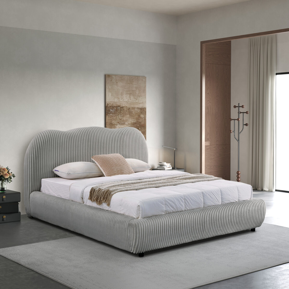 ΚΡΕΒΑΤΙ ΜΕ ΑΠΟΘ.ΧΩΡΟ KALLY LH10.729.01 ΓΚΡΙ FEAUX FUR ΥΦΑΣΜΑ--ΓΙΑ ΣΤΡΩΜΑ 160x200εκ - Image 1