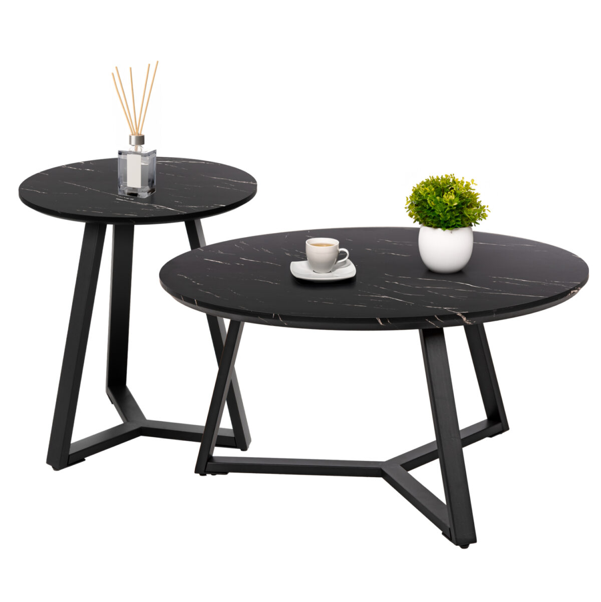 set-2tmch-trapezia-salonioy-fb921090-mdf ΣΕΤ 2ΤΜΧ ΤΡΑΠΕΖΙΑ ΣΑΛΟΝΙΟΥ ROCKET LH10.21090 MDF ΜΑΥΡΟ ΜΑΡΜΑΡΟ Φ80εκ & Φ45εκ - Image 1