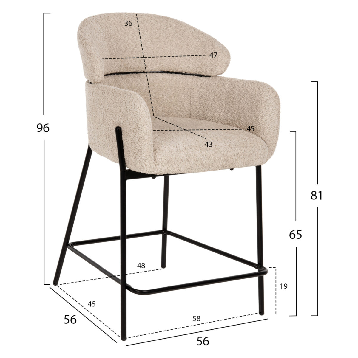 ΣΚΑΜΠΟ ΜΕΣ. ΥΨΟΥΣ WOLF LH10.8584.02 ΕΚΡΟΥ ΥΦΑΣΜΑ ΜΠΟΥΚΛΕ-ΜΑΥΡΑ ΜΕΤΑΛΛΙΚΑ ΠΟΔΙΑ 56x56x96Yεκ. - Image 2