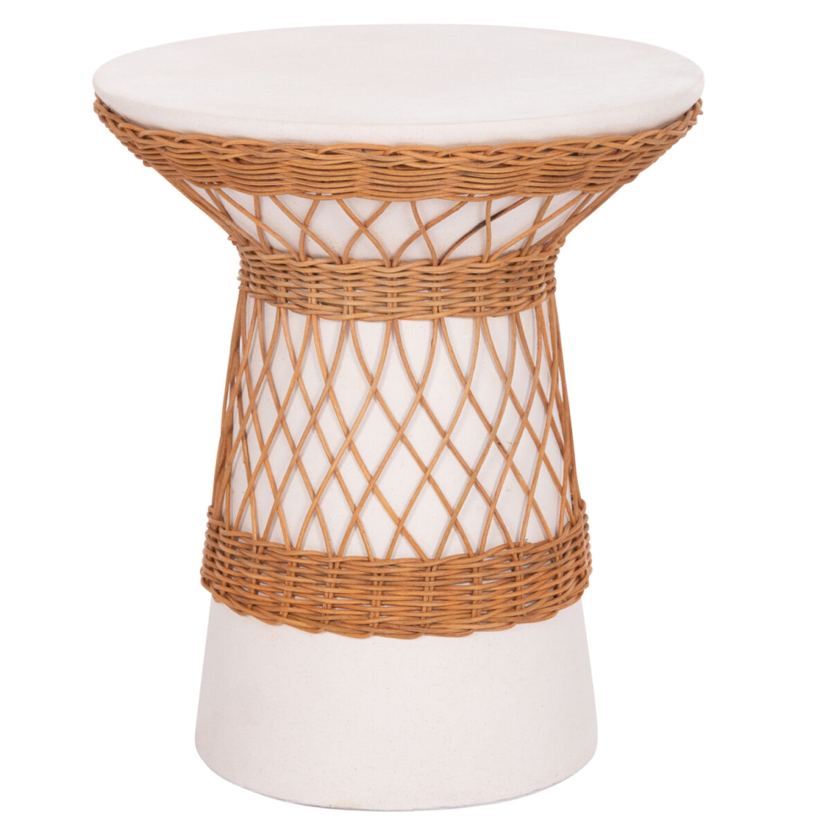 ΒΟΗΘΗΤΙΚΟ ΤΡΑΠΕΖΙ ΣΤΡΟΓΓΥΛΟ DELIA LH10.18167.02 FIBER CEMENT ΛΕΥΚΟ & RATTAN Φ40x45Υεκ - Image 1