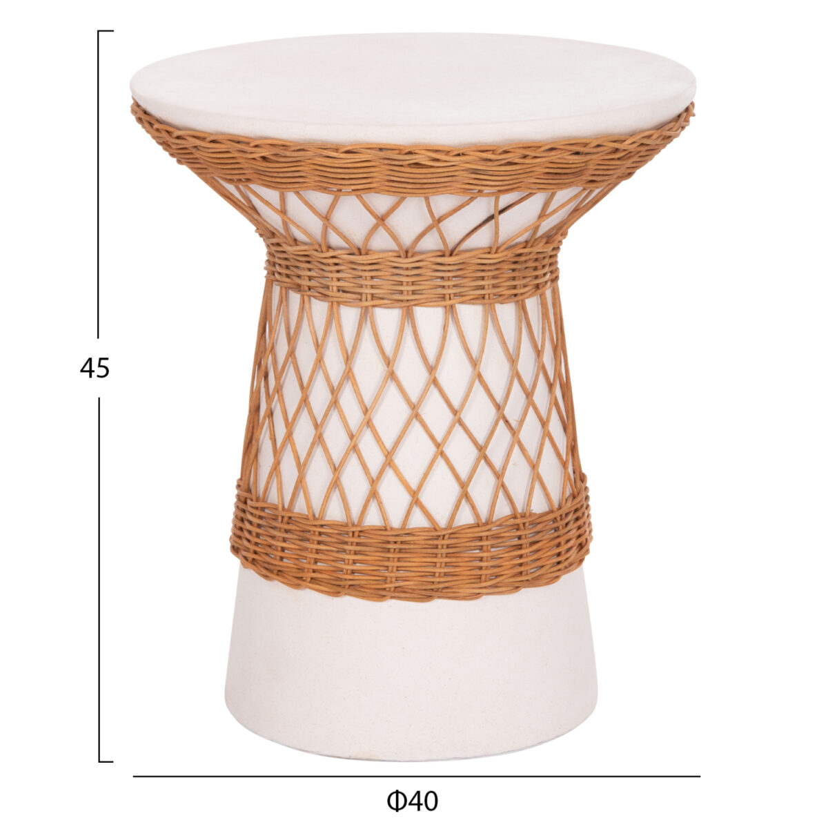 ΒΟΗΘΗΤΙΚΟ ΤΡΑΠΕΖΙ ΣΤΡΟΓΓΥΛΟ DELIA LH10.18167.02 FIBER CEMENT ΛΕΥΚΟ & RATTAN Φ40x45Υεκ - Image 2