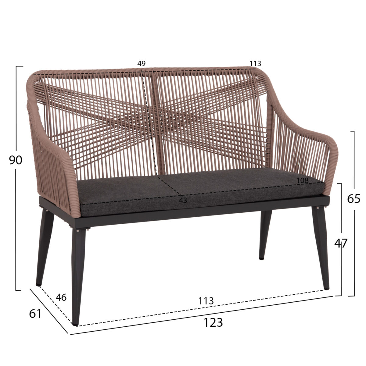 ΚΑΝΑΠΕΣ 2ΘΕΣΙΟΣ MYRTIA LH10.5550.12 AΛΟΥΜΙΝΙΟ ΑΝΘΡΑΚΙ--ΜΠΕΖ TESLIN ΣΧΟΙΝΙ 123x61x90Υεκ. - Image 2