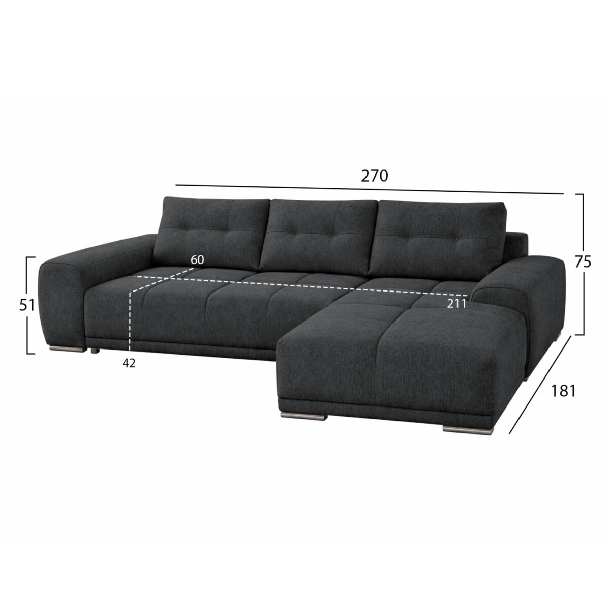 ΚΑΝΑΠΕΣ ΚΡΕΒΑΤΙ ΔΕΞΙΑ ΓΩΝΙΑ COMFYRA LH10.3336.01R ΓΚΡΙ ΥΦΑΣΜΑ 270x181x75Υεκ - Image 2