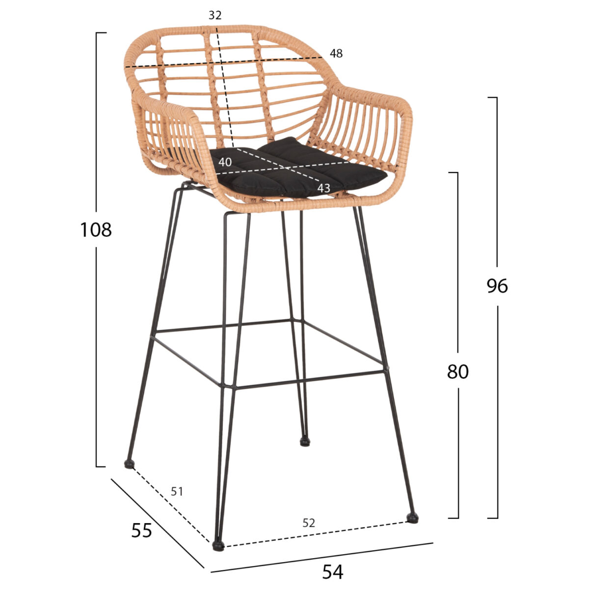 ΣΚΑΜΠΟ ΜΠΑΡ ΨΗΛΟ ALLEGRA LH10.5640.11 ΜΠΕΖ P.E. RATTAN-ΜΑΥΡΟ ΜΕΤΑΛΛΟ 54x55x108Υεκ. - Image 2