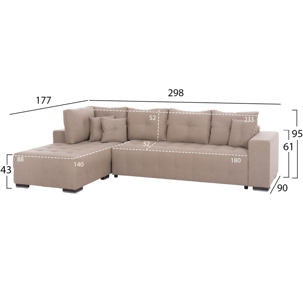 ΓΩΝΙΑΚΟΣ ΚΑΝΑΠΕΣ-ΚΡΕΒΑΤΙ ΜΕ ΑΠΟΘ.ΧΩΡΟ TRENDSTON LH10.3302.03L ΜΠΕΖ ΥΦΑΣΜΑ 298x177x95Υεκ - Image 2