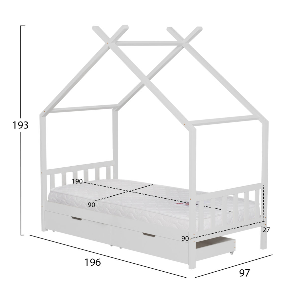 ΚΡΕΒΑΤΙ ΠΑΙΔΙΚΟ ΜΕ ΣΤΡΩΜΑ KLARICE LH10.21305.01 ΞΥΛΟ ΠΕΥΚΟΥ ΣΕ ΛΕΥΚΟ--ΣΤΡΩΜΑ 90x190εκ - Image 4