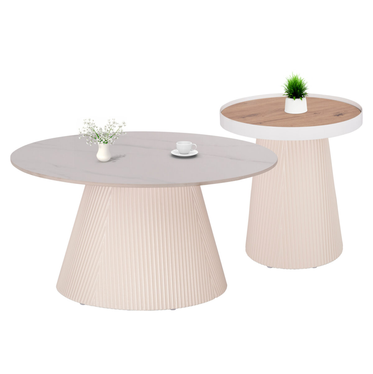 ΣΕΤ 2ΤΜΧ ΤΡΑΠΕΖΙΑ ΣΑΛΟΝΙΟΥ DUNCAN LH10.21082 MDF ΚΡΕΜ ΚΑΙ ΚΕΡΑΜΙΚΟ TOP Φ80εκ & Φ45εκ - Image 1