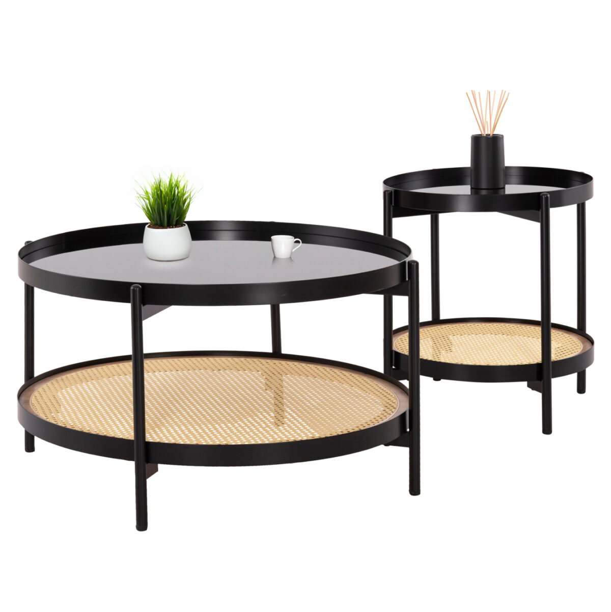 set-2tmch-trapezia-salonioy-fb921086-met ΣΕΤ 2ΤΜΧ ΤΡΑΠΕΖΙΑ ΣΑΛΟΝΙΟΥ SEITZ LH10.21086 ΜΕΤΑΛΛΟ-ΣΥΝΘΕΤΙΚΟ RATTAN Φ80εκ & Φ50εκ - Image 1