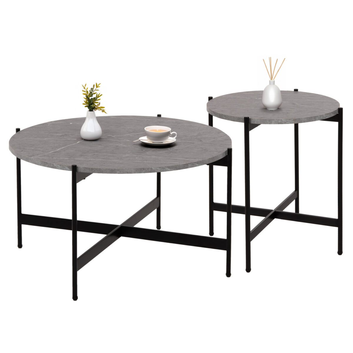 set-2tmch-trapezia-salonioy-fb92108901-m ΣΕΤ 2ΤΜΧ ΤΡΑΠΕΖΙΑ ΣΑΛΟΝΙΟΥ RONDA LH10.21089.01 MDF ΓΚΡΙ ΜΑΡΜΑΡΟ Φ80εκ & Φ50εκ - Image 1