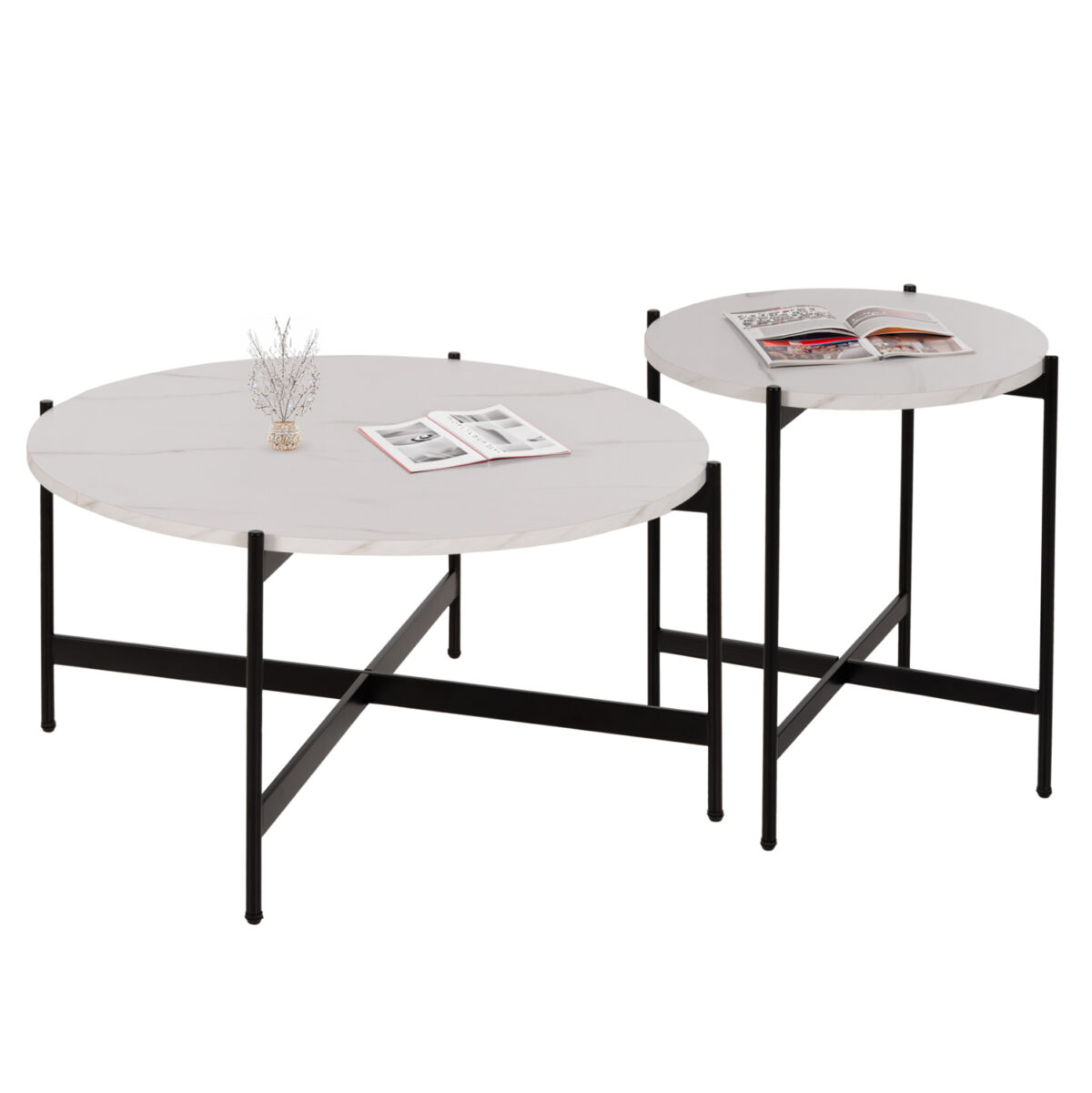 set-2tmch-trapezia-salonioy-fb92108904-m ΣΕΤ 2ΤΜΧ ΤΡΑΠΕΖΙΑ ΣΑΛΟΝΙΟΥ RONDA LH10.21089.04 MDF ΛΕΥΚΟ ΜΑΡΜΑΡΟ Φ80εκ & Φ50εκ - Image 1