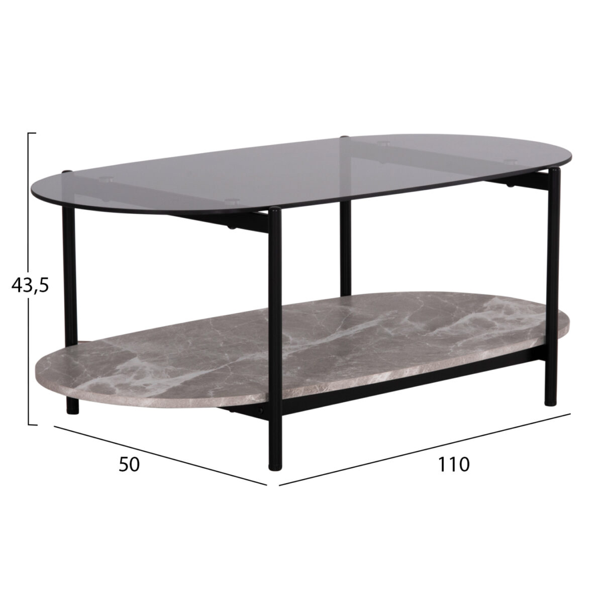ΤΡΑΠΕΖΙ ΣΑΛΟΝΙΟΥ ΟΒΑΛ KITTY LH10.18040 ΓΥΑΛΙ ΦΙΜΕ TOP-GREY MARBLE ΜΕΛΑΜΙΝΗ 110x50x43Υεκ - Image 2